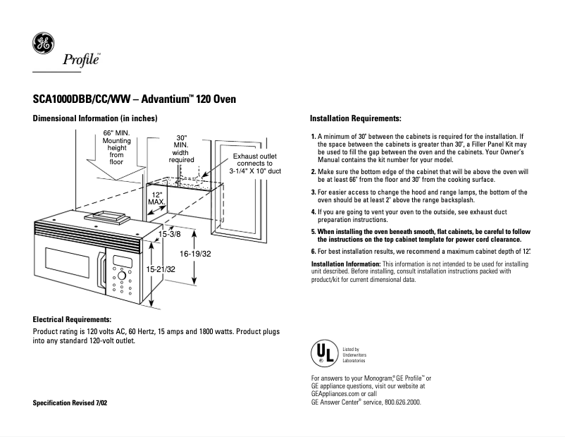 Page 1 de la notice Fiche technique GE SCA1000DBB