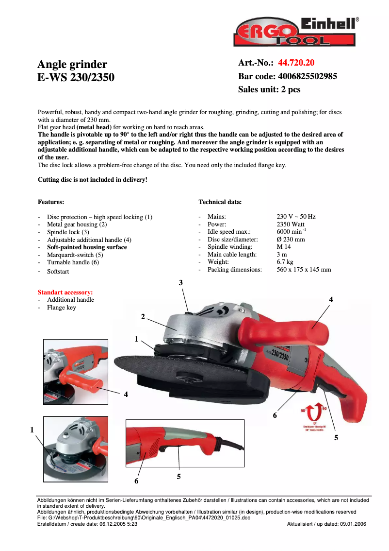 Page n°1 - Fiche technique Ergotools Pattfield E-WS 230/2350