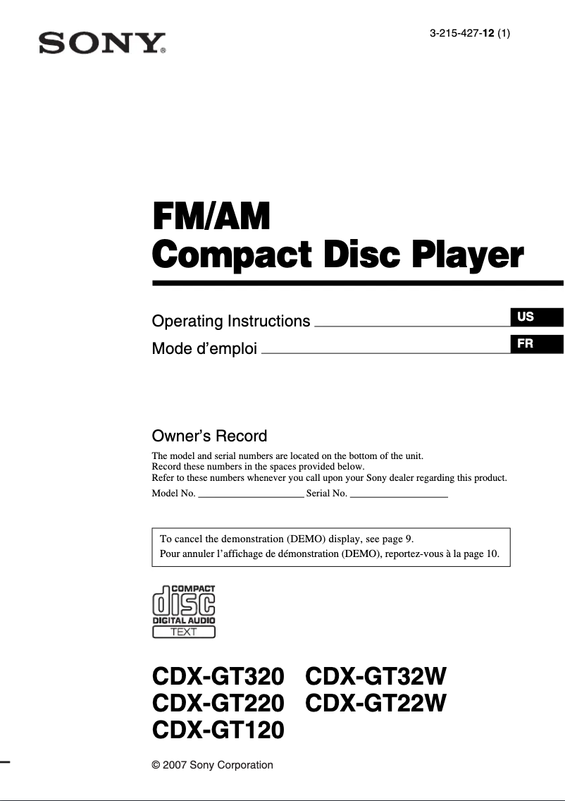 Page n°1 - Manuel utilisateur Sony Xplod CDX-GT220