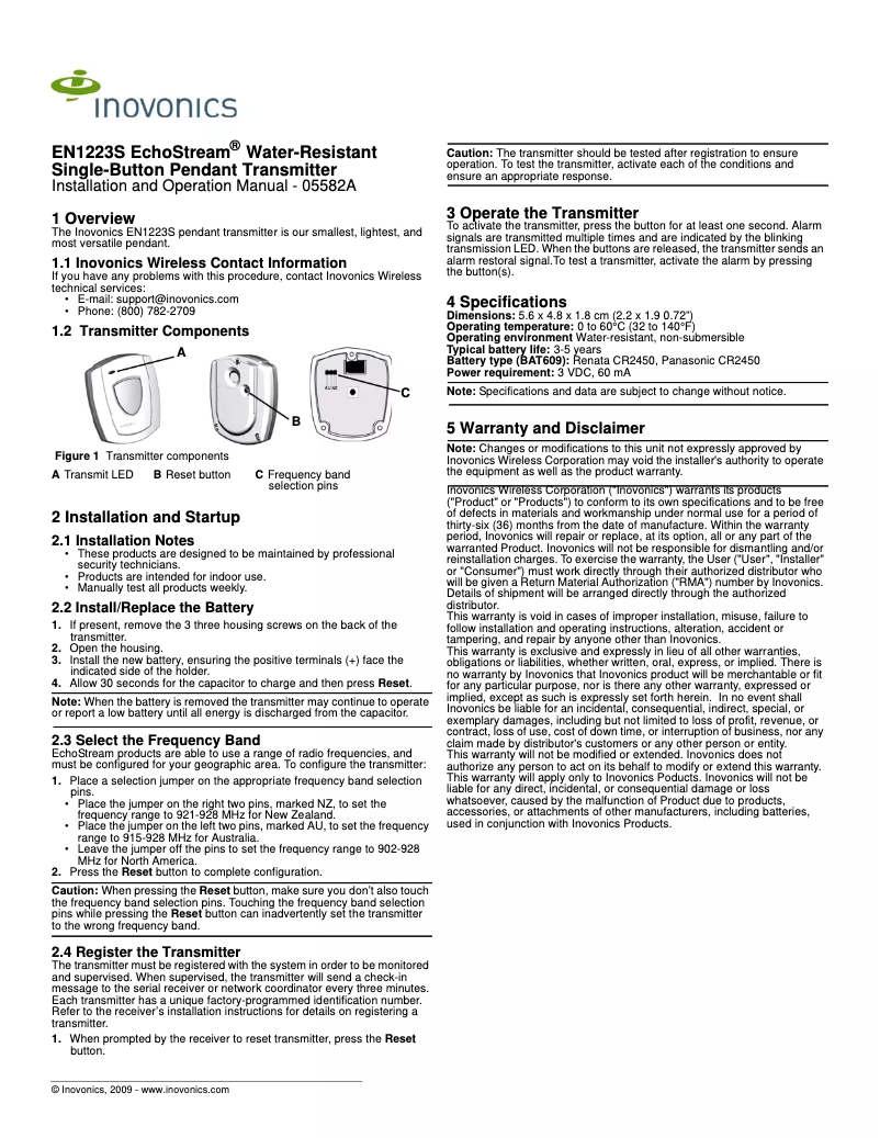 Page n°1 - Manuel utilisateur Inovonics EchoStream EN1223S