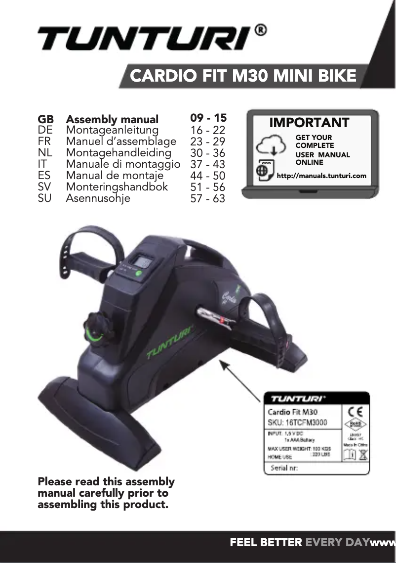 Page n°1 - Manuel utilisateur Tunturi Cardio Fit mini bike M30