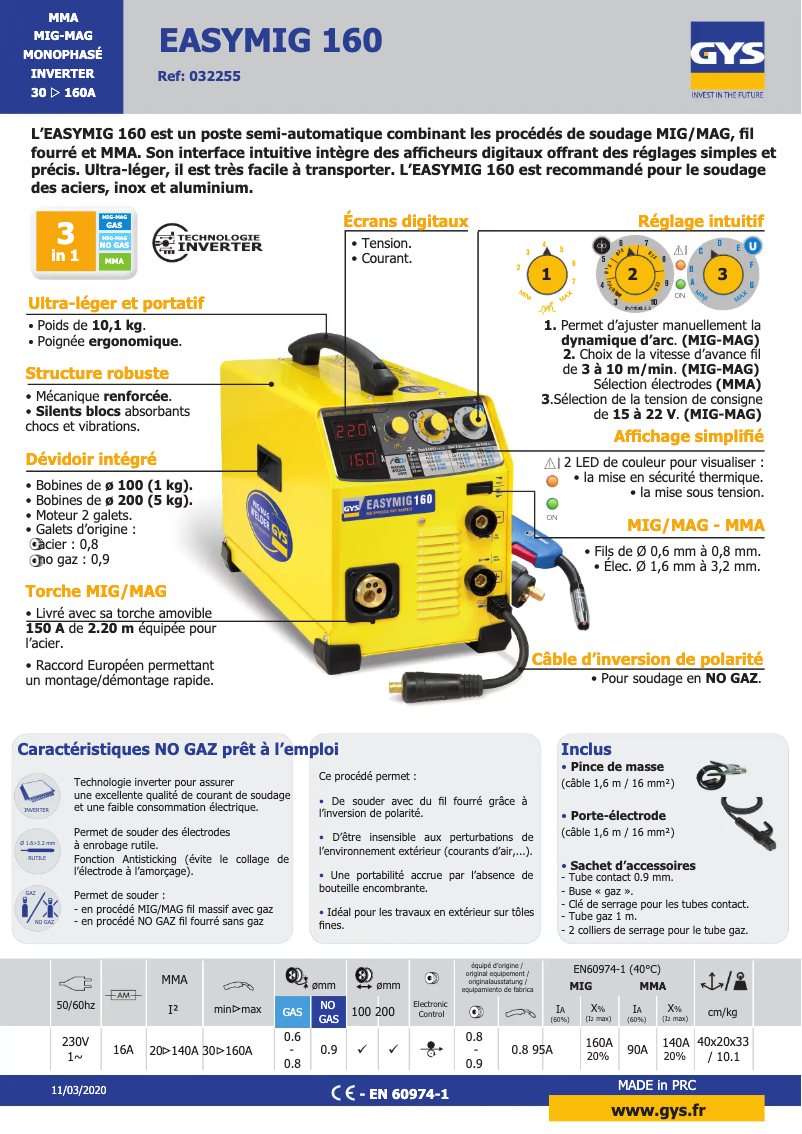 Page 1 de la notice Fiche technique GYS Easymig 160