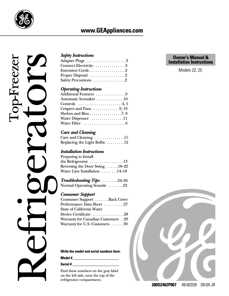 Imagen de la primera página del manual del dispositivo GTS22WSTSS