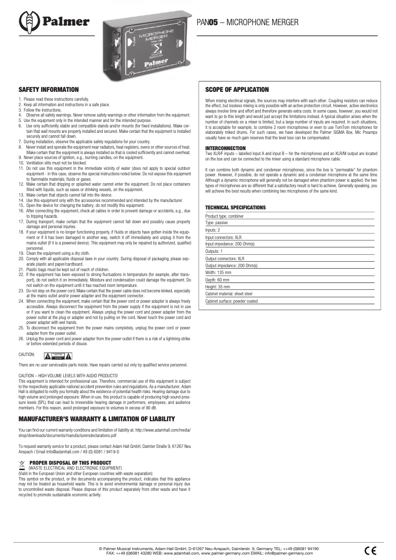 Page 1 de la notice Manuel utilisateur Palmer PAN 05