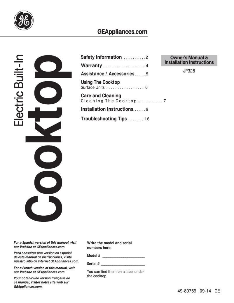 Page 1 of the manual Instruction Manual GE JP328SKSS