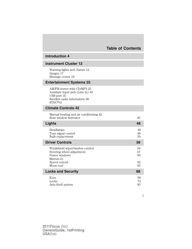 Page n°1 - Manuel utilisateur Ford Focus (2011)