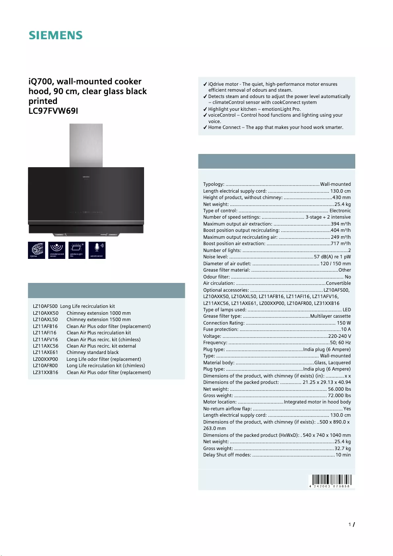 Page n°1 - Fiche technique Siemens LC97FVW69I