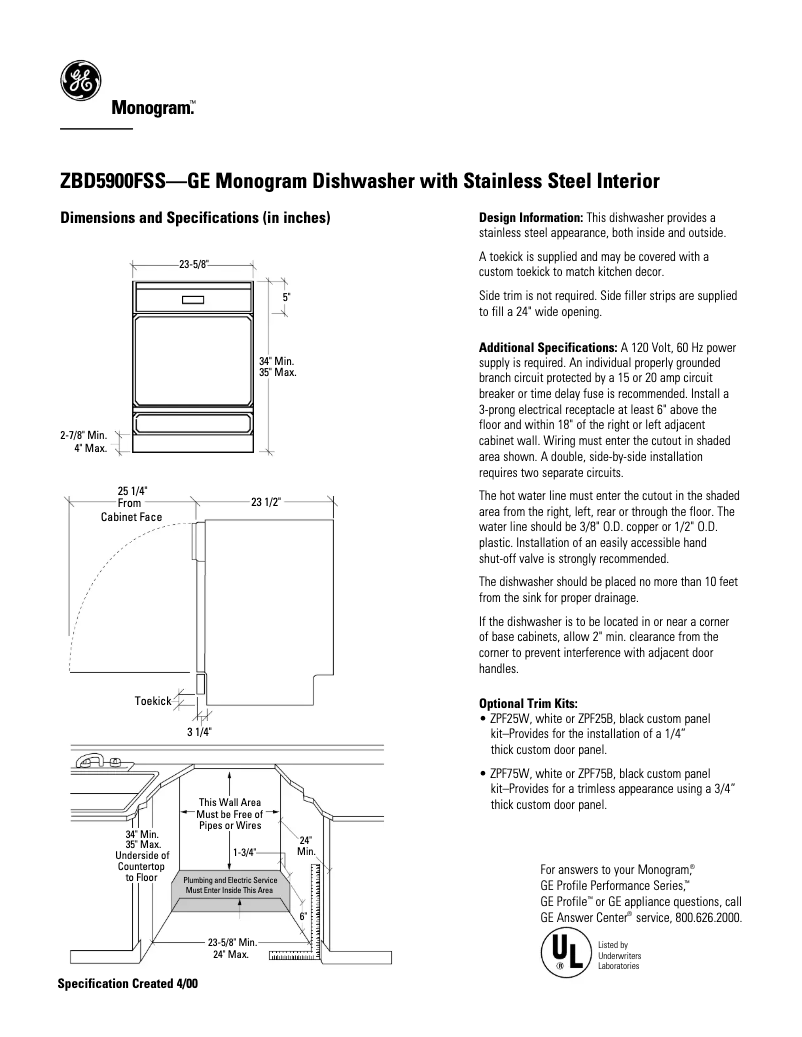 Page 1 de la notice Fiche technique GE ZBD5900FSS