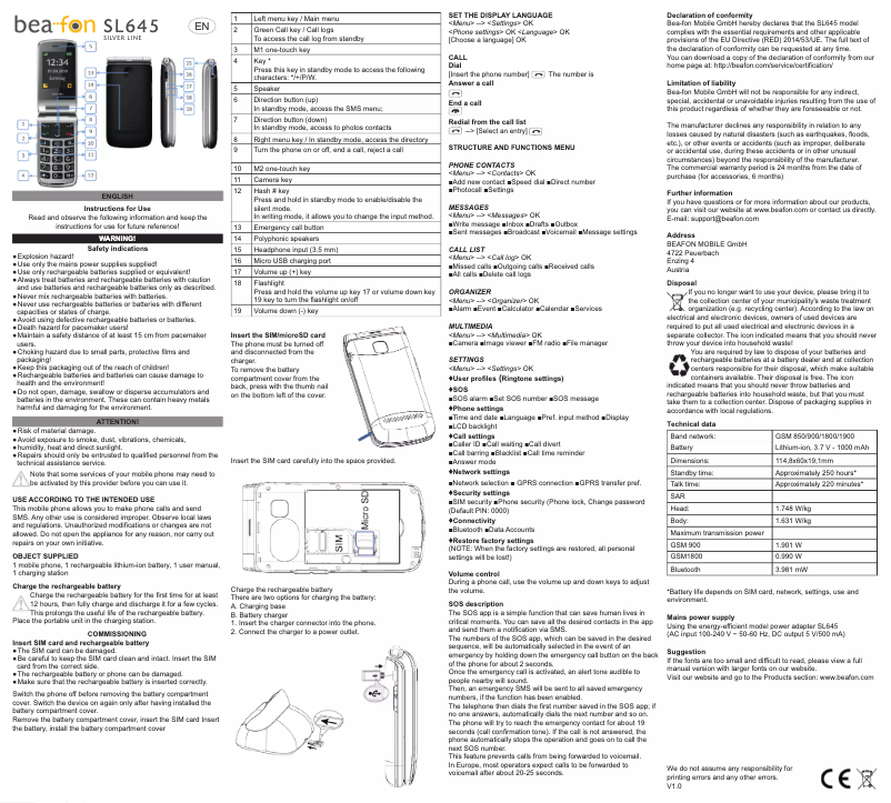 Page n°1 - Mode d'emploi Bea-fon SL645