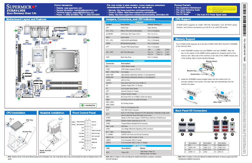 Page 1 de la notice Guide de démarrage rapide Supermicro X13SAV-LVDS