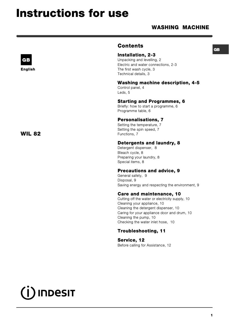 Page 1 de la notice Manuel utilisateur Indesit WIL 82