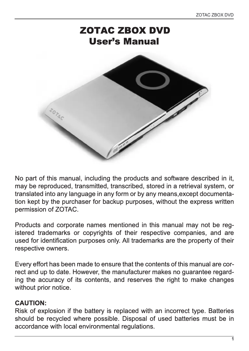 Image de la première page du manuel de l'appareil ZBOX DVD ID37