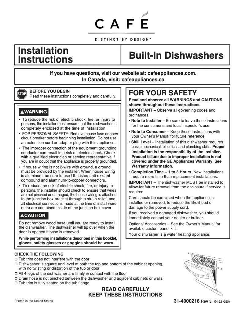 Page 1 de la notice Guide d'installation GE Café CDT875P3ND1