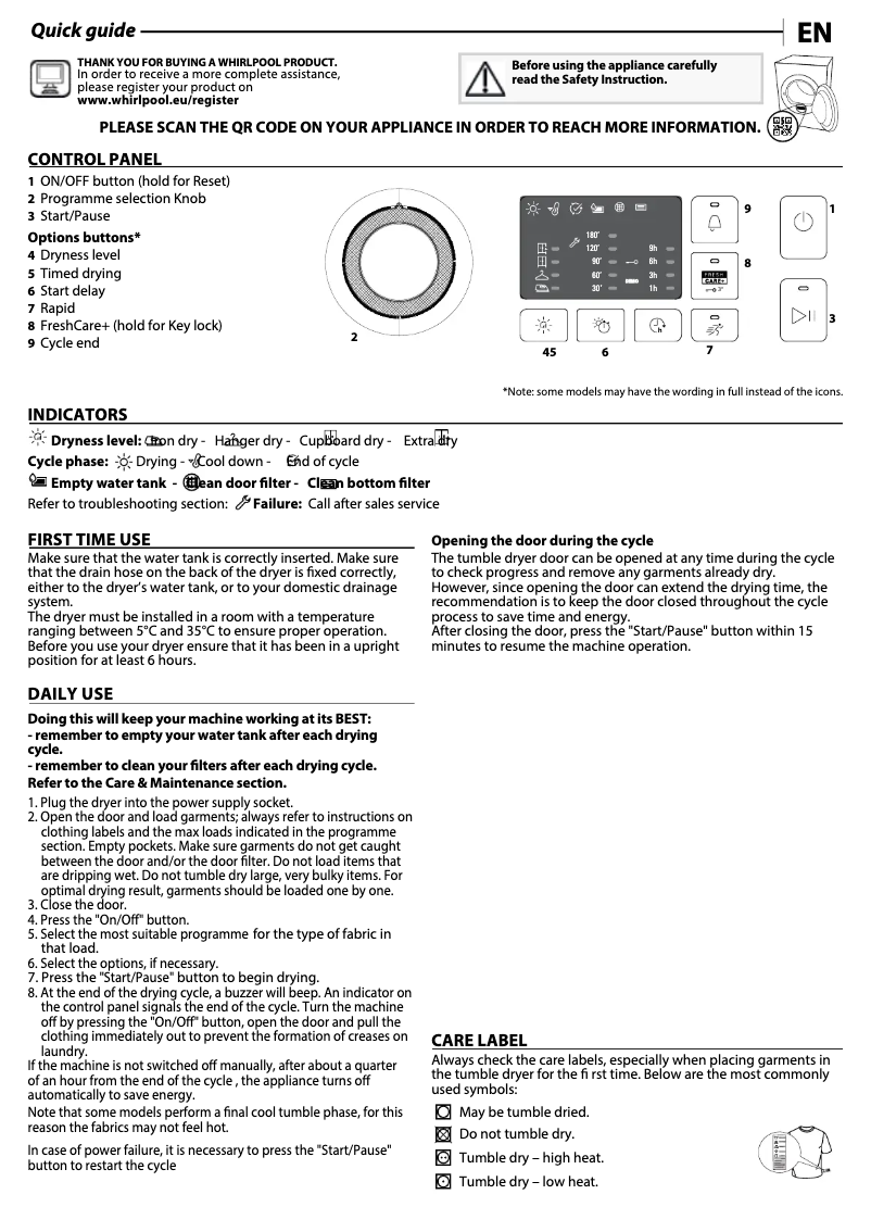 Page n°1 - Manuel d'utilisation et d'entretien Whirlpool FFT M10 72 BE