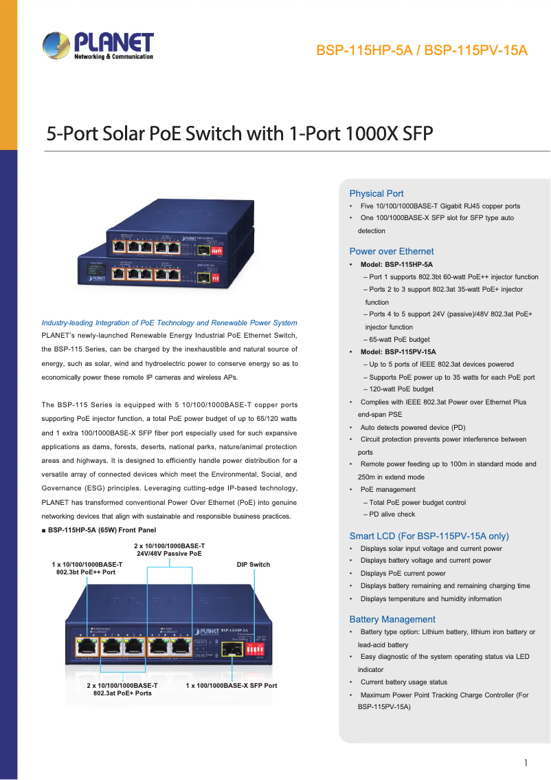 Page n°1 - Fiche technique Planet BSP-115HP-5A