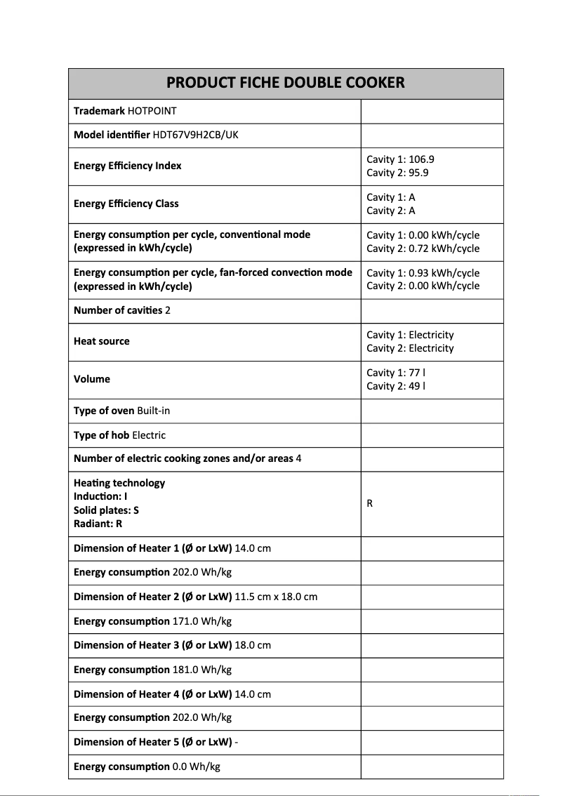 Page 1 de la notice Fiche technique Hotpoint HDT67V9H2CB/UK