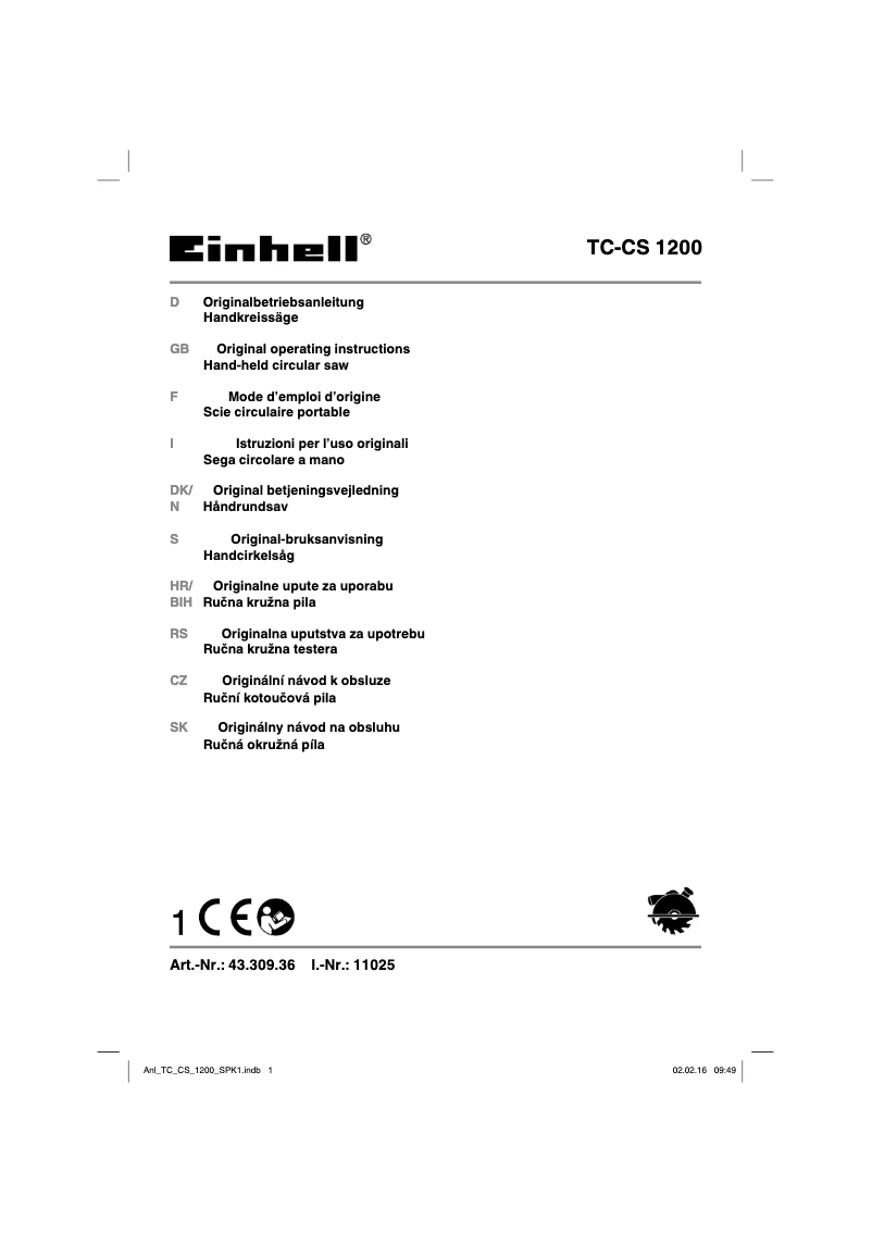 Page 1 de la notice Manuel utilisateur Einhell TC-CS 1200