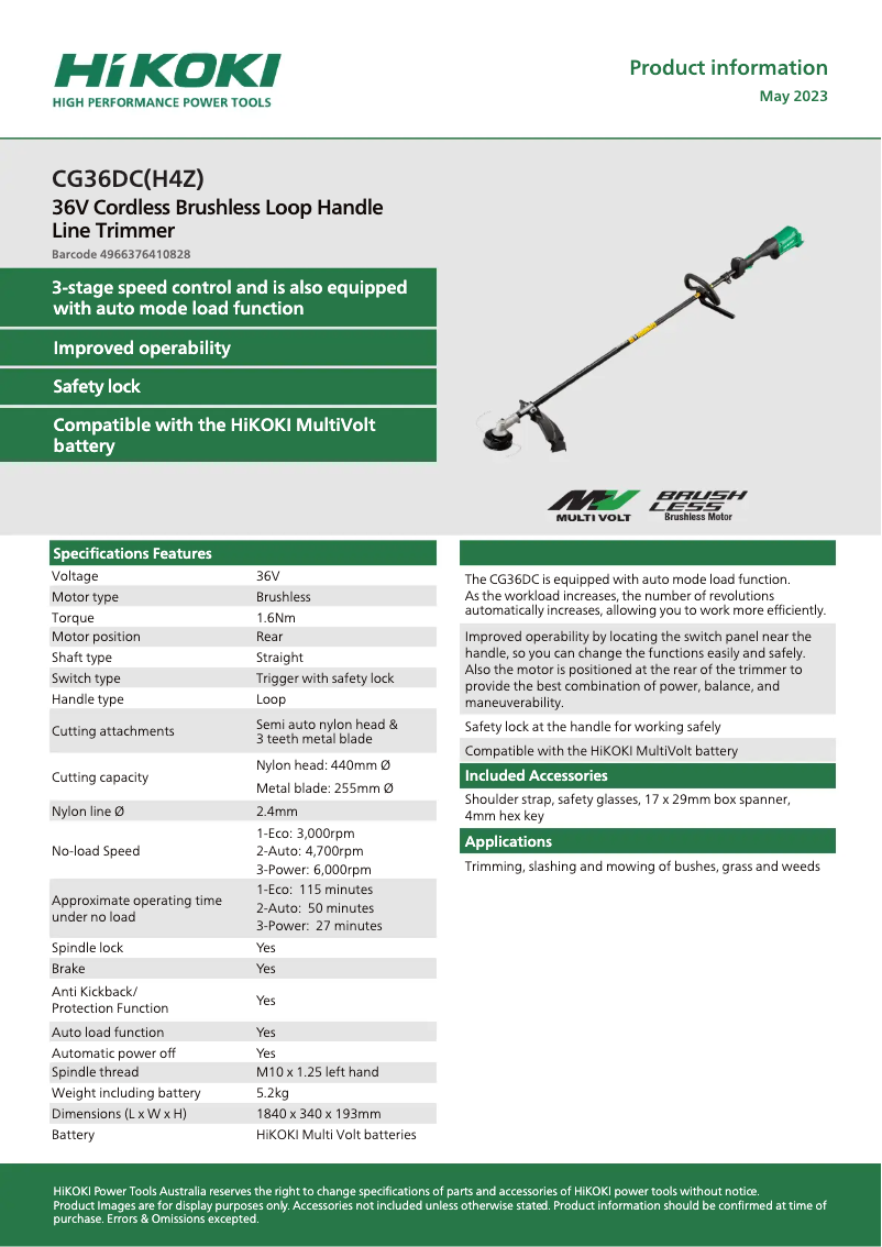 Página 1 del manual Ficha técnica HiKOKI CG36DC