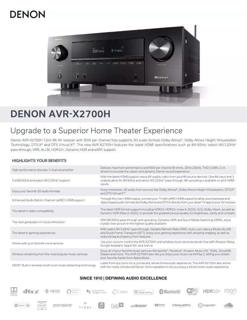 Page 1 de la notice Fiche technique Denon AVR-X2700H
