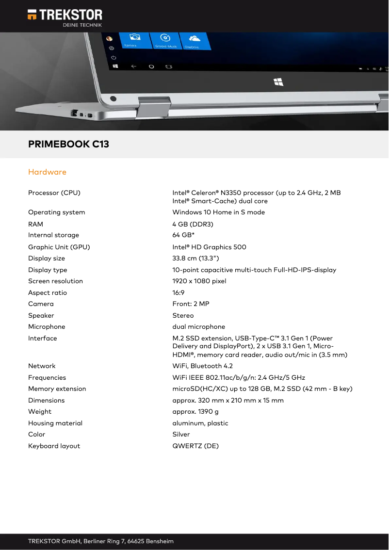 Page n°1 - Fiche technique TrekStor Primebook C13