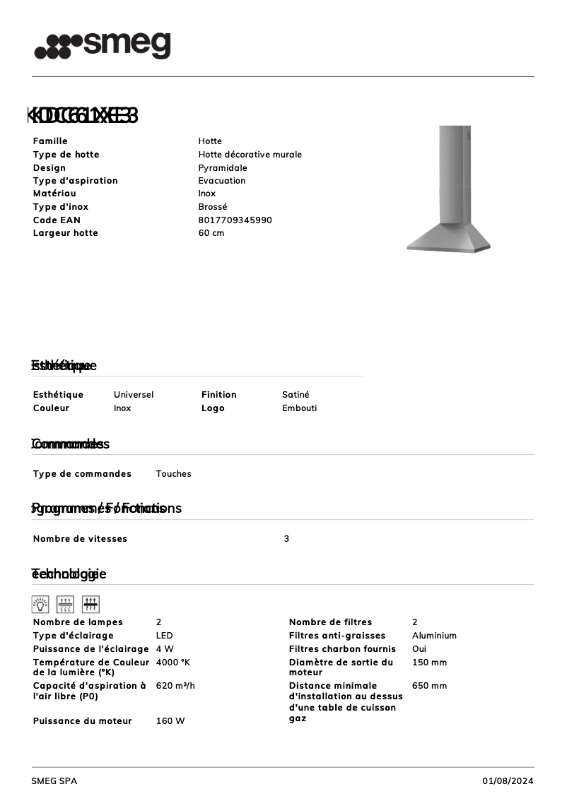 Page n°1 - Fiche technique Smeg KDC61XE3