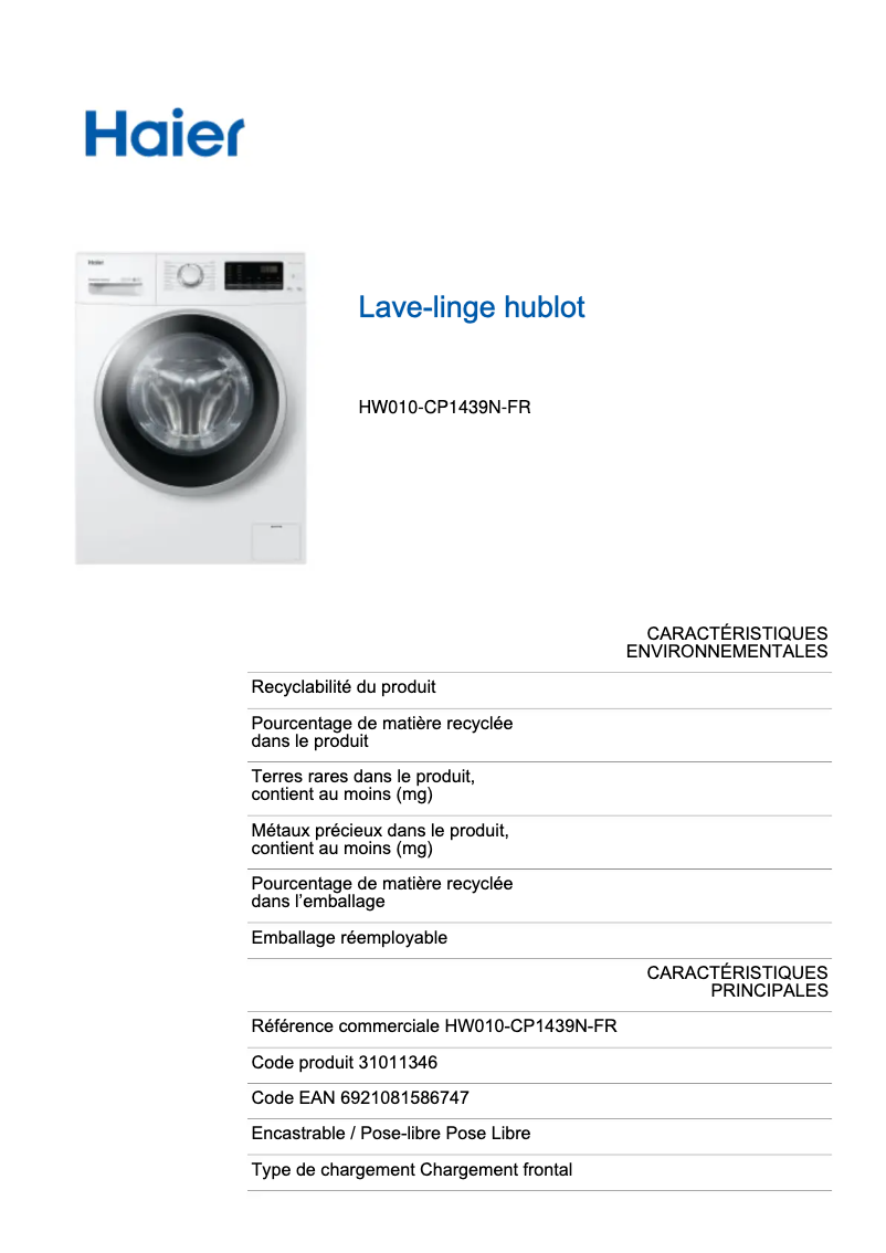 Page 1 de la notice Label énergétique Haier HW010-CP1439N