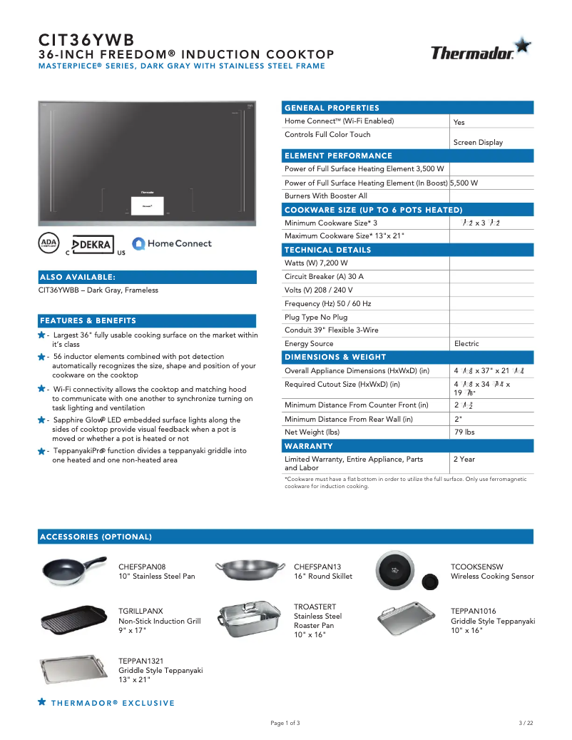 Page 1 de la notice Fiche technique Thermador CIT36YWB