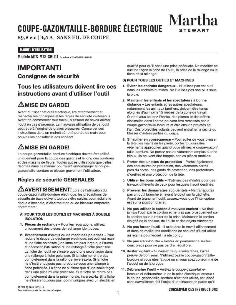 Page 1 de la notice Manuel utilisateur Martha Stewart MTS-SBLD1