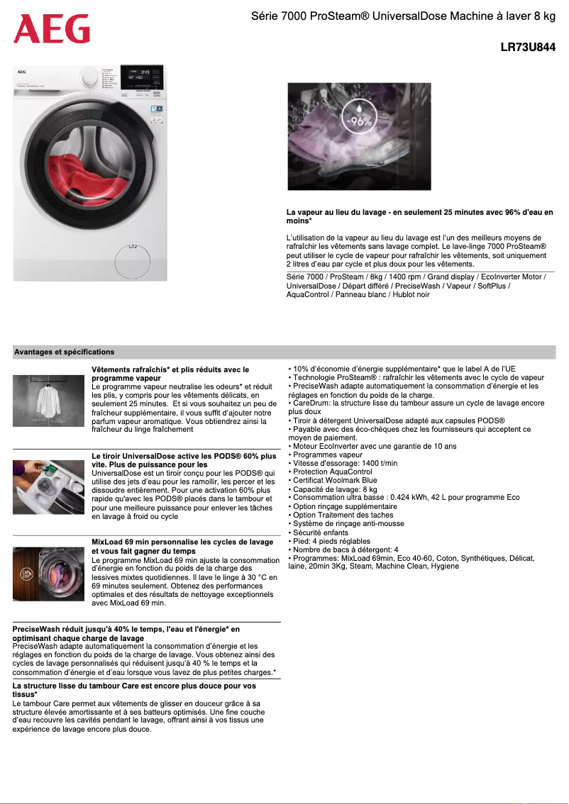 Page 1 de la notice Fiche technique AEG LR73U844