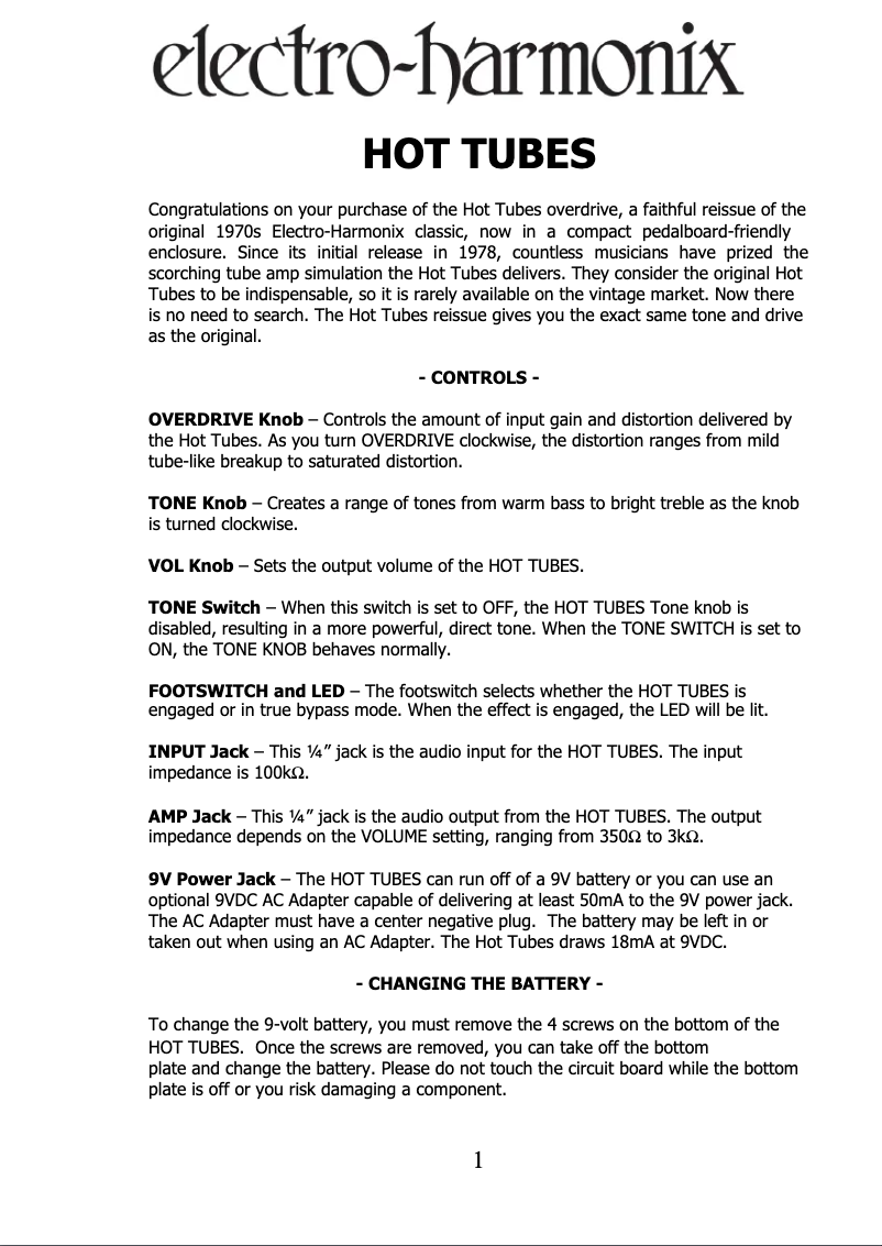 Page n°1 - Manuel utilisateur Electro Harmonix Hot Tubes