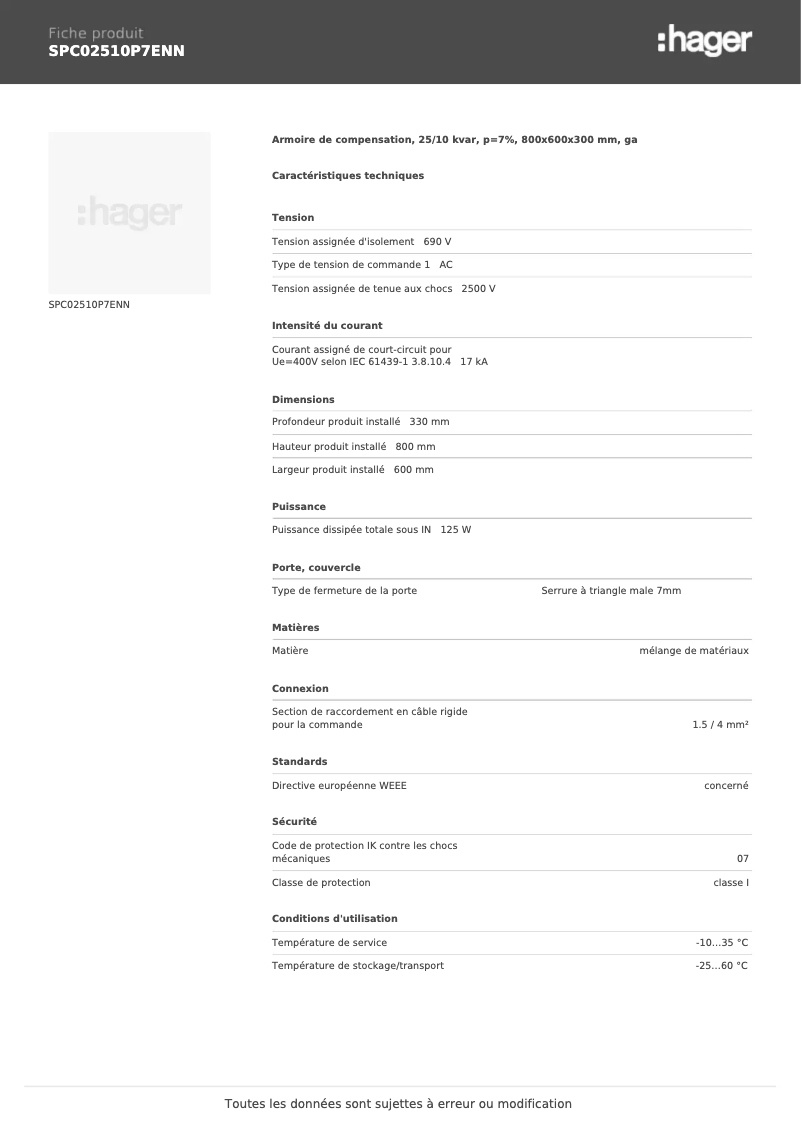 Page n°1 - Fiche technique Hager SPC02510P7ENN