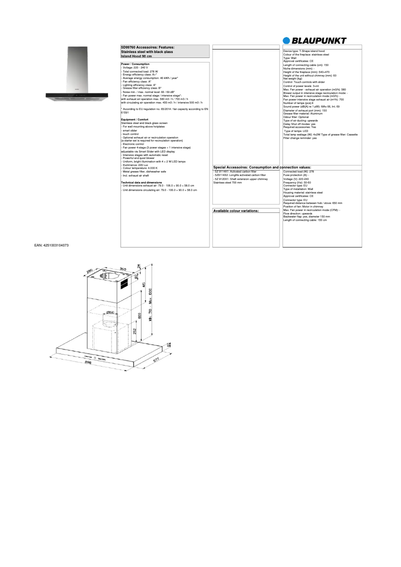 Page 1 de la notice Fiche technique Blaupunkt 5DS 99760