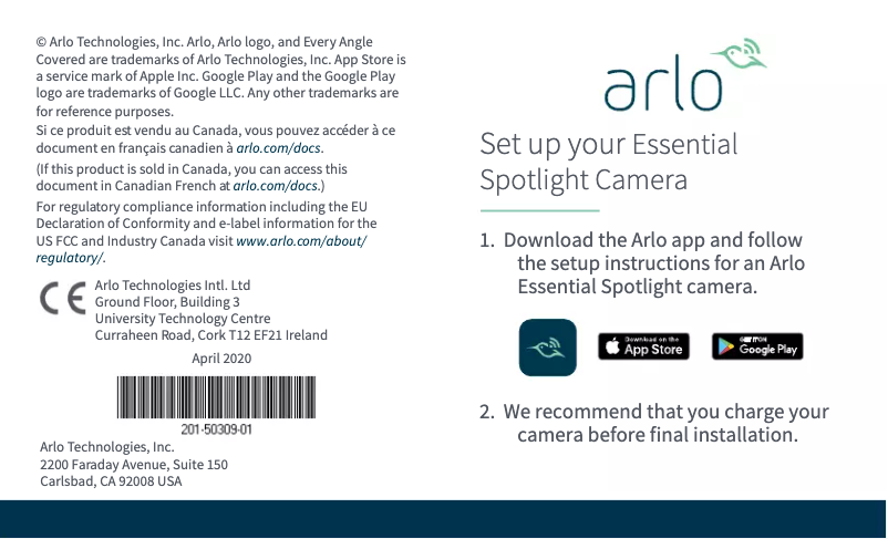 Page 1 de la notice Guide de démarrage rapide Arlo Essential XL Spotlight