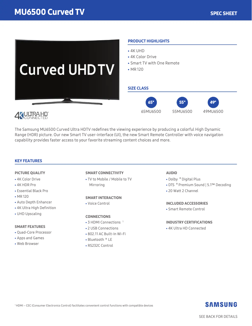 Page 1 de la notice Fiche technique Samsung MU6500