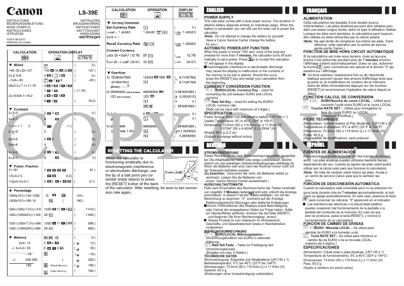 Page 1 de la notice Manuel utilisateur Canon LS-39E
