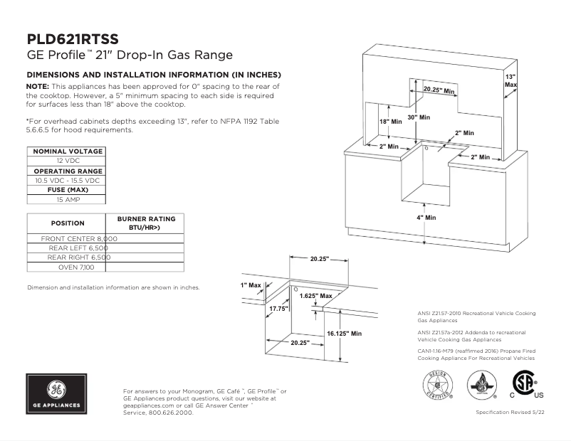 Page n°1 - Fiche technique GE Profile PLD621ETSB