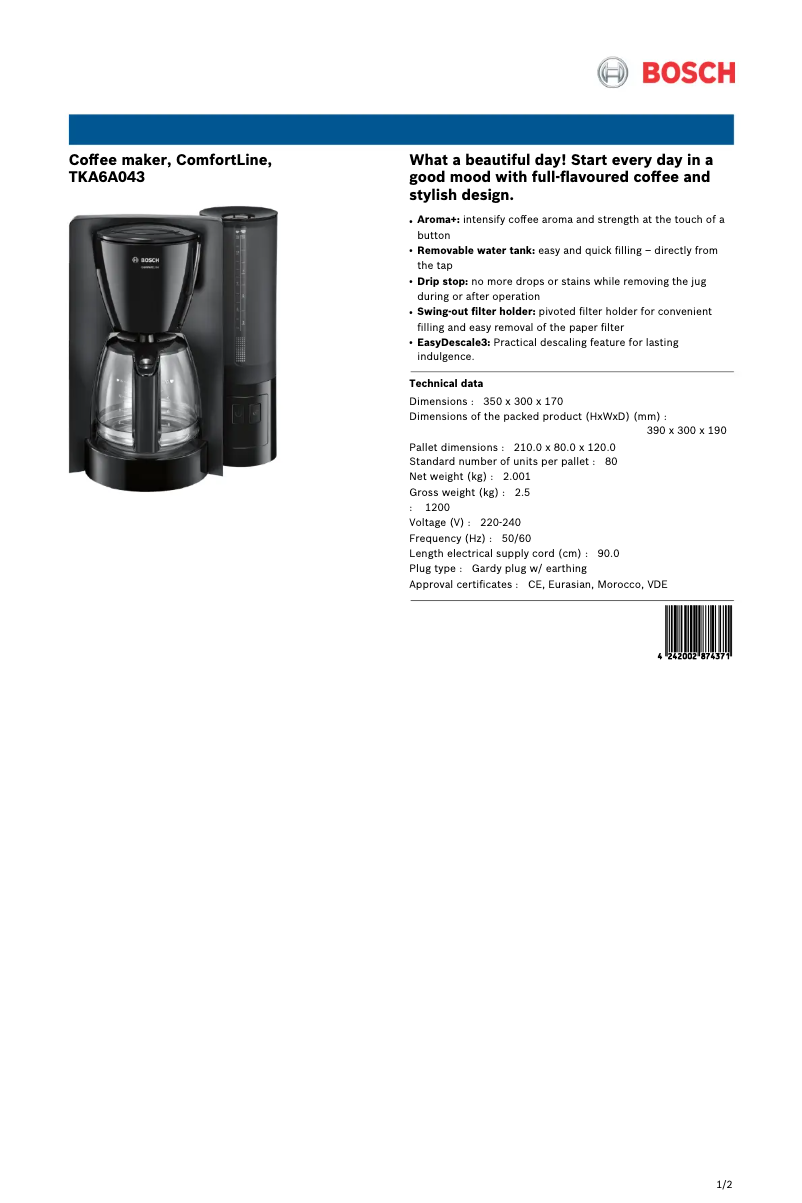Page 1 de la notice Fiche technique Bosch ComfortLine TKA6A043