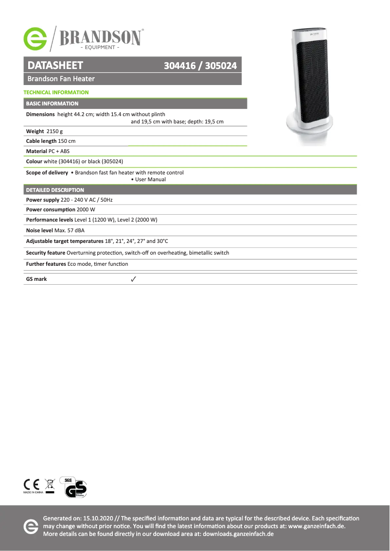 Page 1 de la notice Manuel utilisateur Brandson 305024