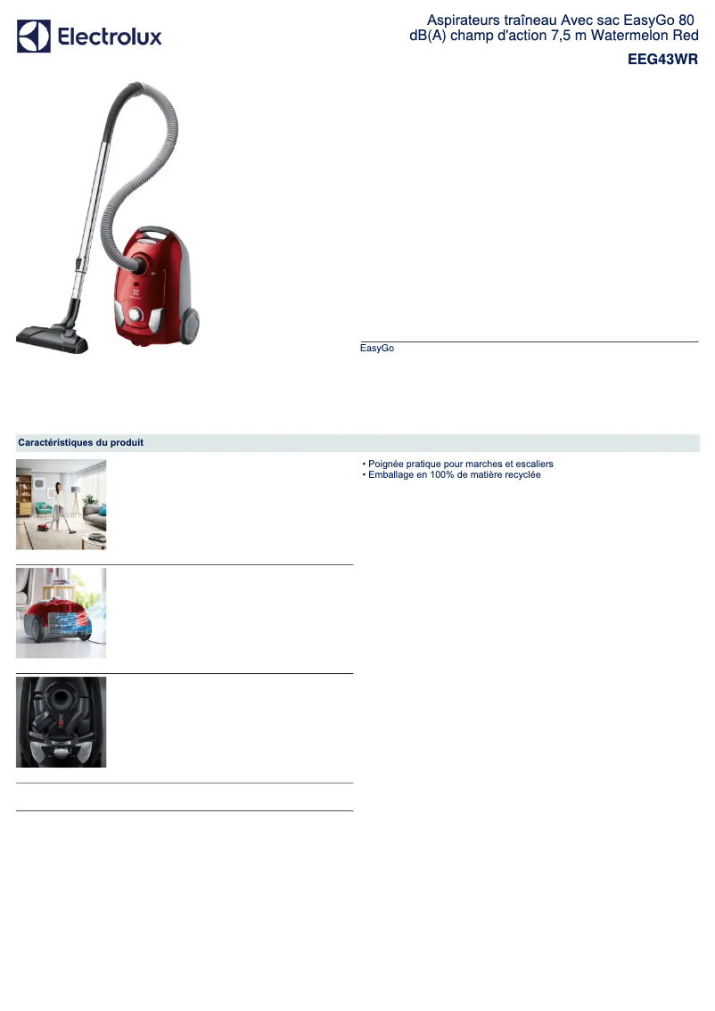 Page 1 de la notice Fiche technique Electrolux EEG43WR
