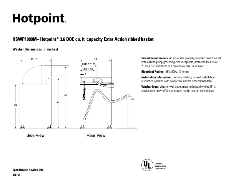 Page 1 de la notice Fiche technique Hotpoint HSWP1000MWW