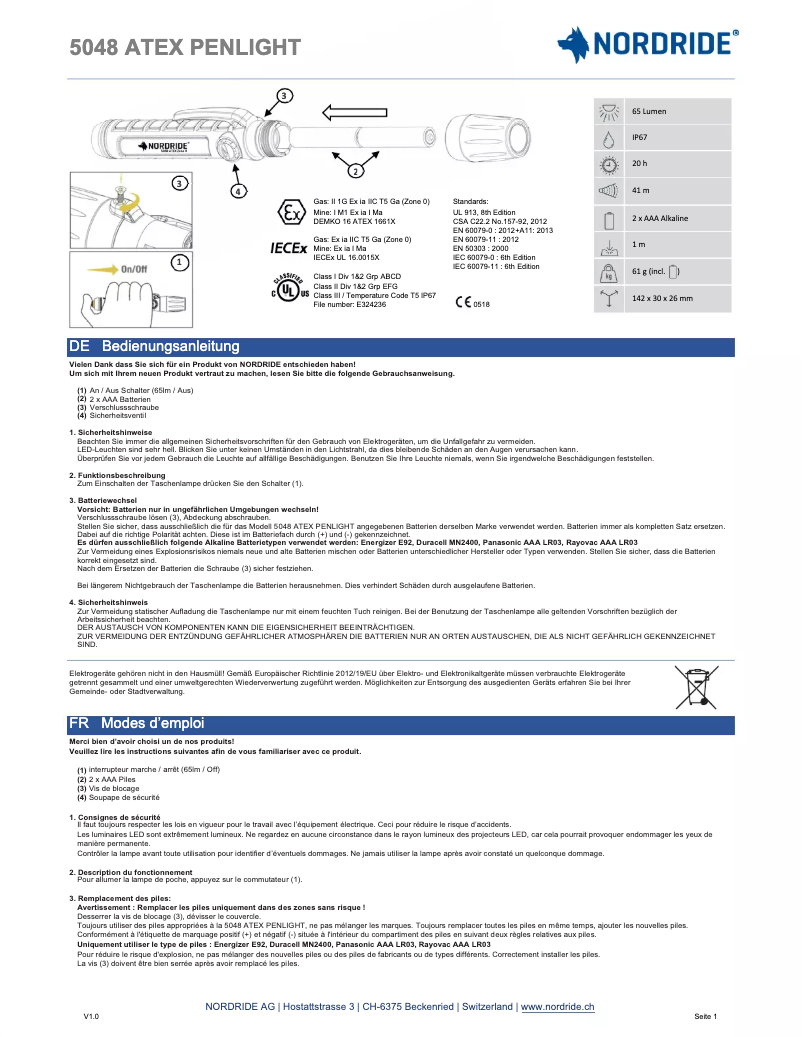 Page n°1 - Manuel utilisateur Nordride 5048 Atex Penlight
