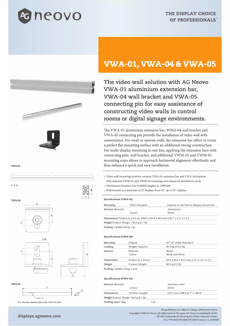 Página 1 del manual Ficha técnica AG Neovo VWA-05