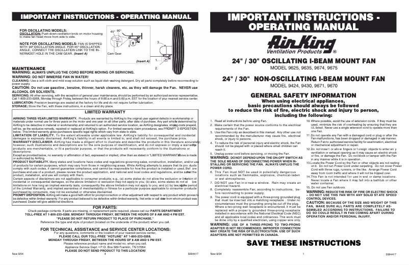 Page n°1 - Manuel utilisateur Air King 9430