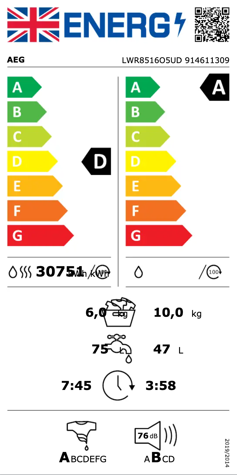 Page 1 de la notice Label énergétique AEG LWR8516O5UD