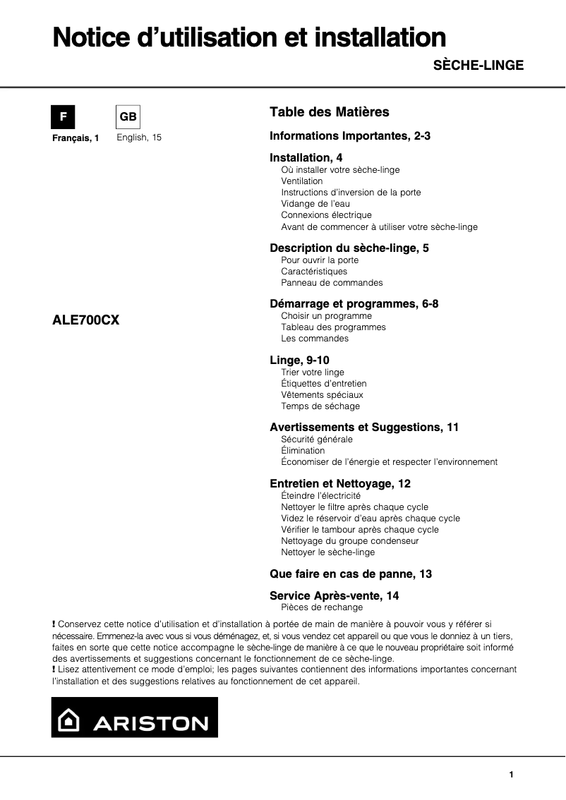 Image de la première page du manuel de l'appareil Ale 700 cx