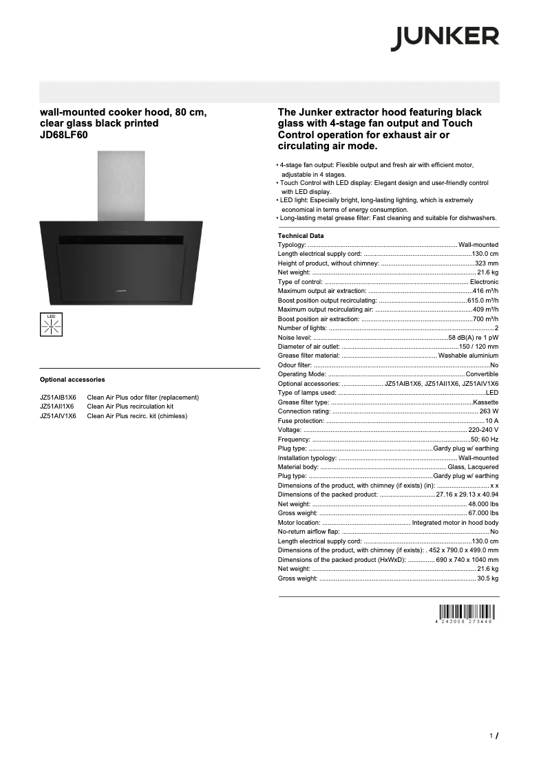Page 1 de la notice Fiche technique Junker JD68LF60