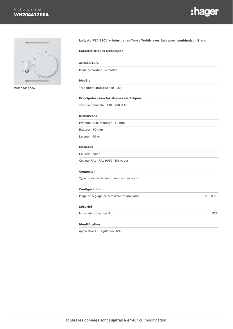 Page 1 de la notice Fiche technique Hager WH20441200A
