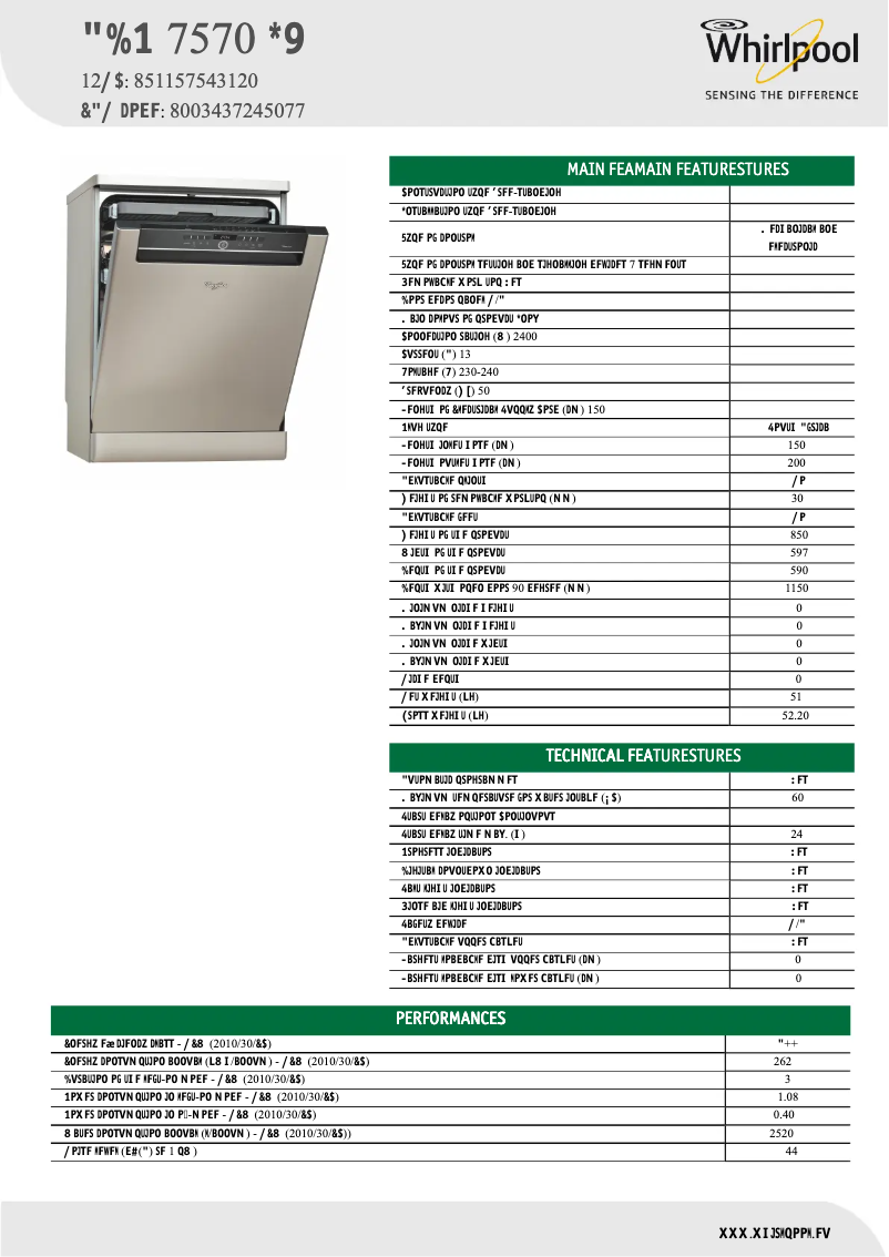 Page 1 de la notice Fiche technique Whirlpool ADP 7570 IX