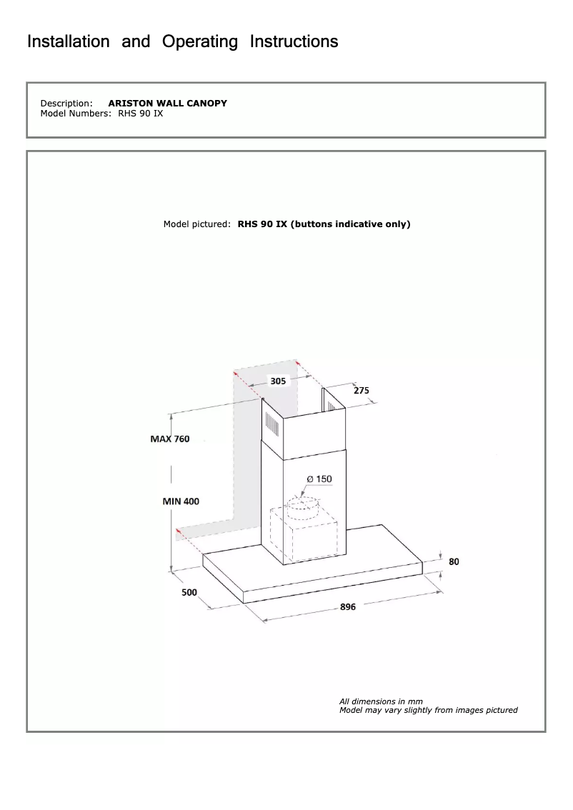 Page 1 de la notice Manuel utilisateur Ariston Thermo RHS 90 IX