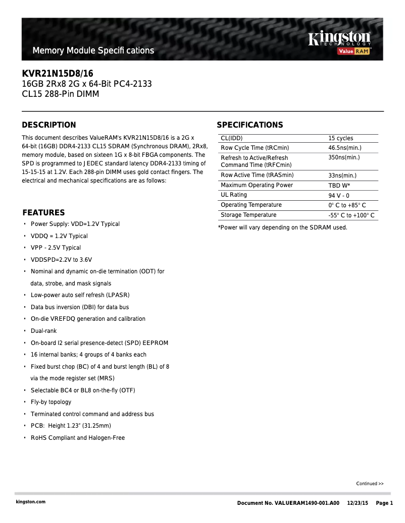 Page 1 de la notice Manuel utilisateur Kingston Technology KVR21N15D8/16BK
